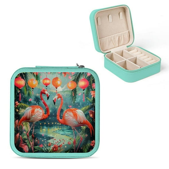 Autua Flamingos Tropical Scene Lanterns Mini Jewelry Travel Case for Women - Compact Size Jewelry Organizer with Multiple Storage Spaces Green