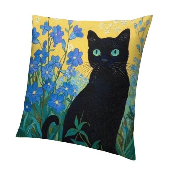 Autua Floral Black Cat Pillowcase, Cat Lovers Gift, Blue Floral Cat Decoration Pillowcase for Family Bedroom Living Room Office Decoration 18x18in