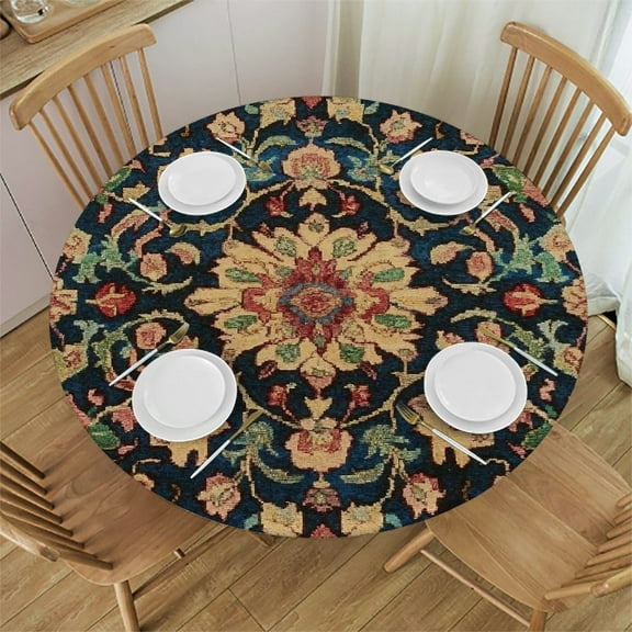 Autua Floral Design Qajar Art Round Tablecloth Stain-Resistant 100% Polyester 31"-35