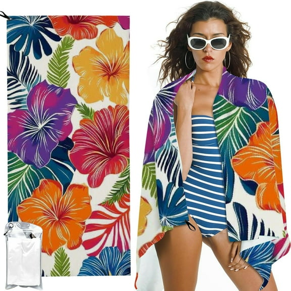 Autua Floral Hawaiian Aloha Beach Towel Oversized  Quick Dry Microfiber Towels Pool Accessories Cruise Essentials Vacation Gifts Summer Must Haves for Swimming Camping Travel 27.5x55in