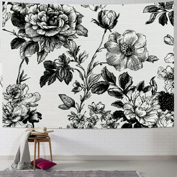Autua Floral Pattern Black White Tapestry Wall Hanging Home Decor 60x50inch
