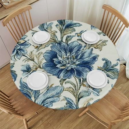 Autua Floral Pattern Blue Flower Round Tablecloth Stain-Resistant 100% Polyester 31"-35