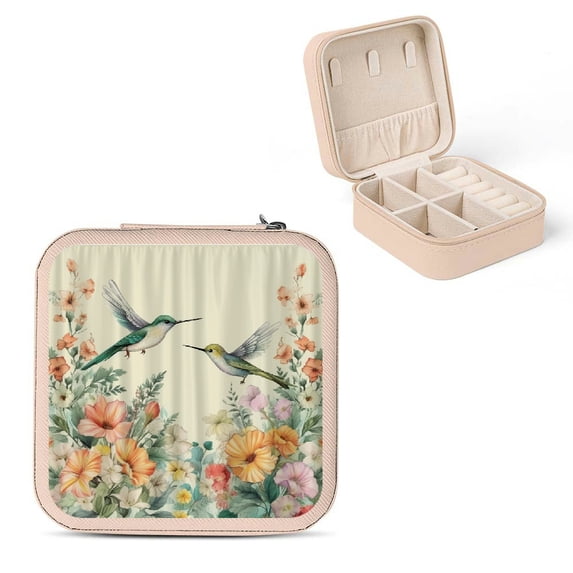 Autua Floral Pattern Hummingbird Jewelry Box for Necklace, Ring, Earring - Compact Travel Size with Multiple Storage Compartments Pink