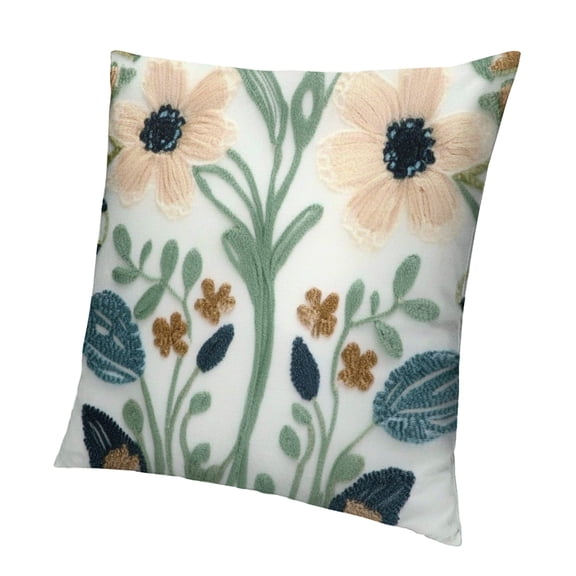 Autua Floral embroidery summer decoration pillowcase, farmhouse cottage navy teal flowers leaf weave pattern sofa bed living room cushion cover 18x18in