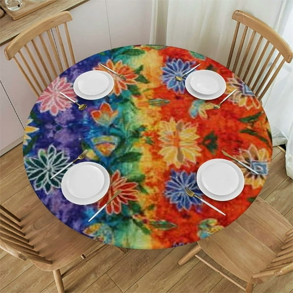 Autua Flower Design Rainbow Round Tablecloth Stain-Resistant 100% Polyester 31"-35
