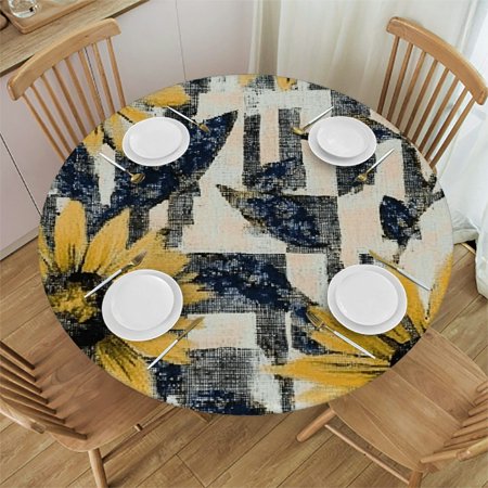 Autua Flower Pattern Checkered Round Tablecloth Stain-Resistant 100% Polyester 31"-35