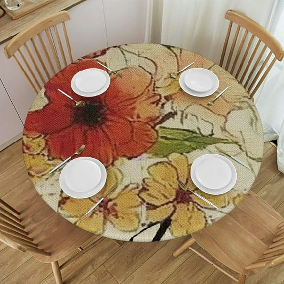 Autua Flowers Bees Cursive Writing Round Tablecloth Stain-Resistant Washable Table Cover for Indoor Outdoor Restaurants Weddings Parties 31"-35
