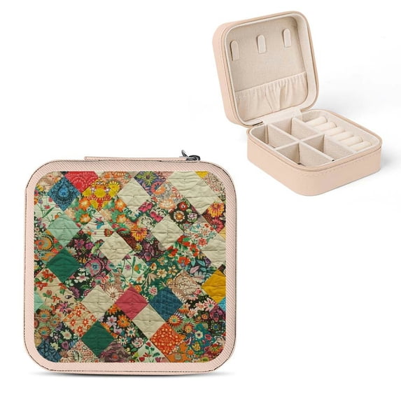 Autua Flowers Diamond Pattern Travel Jewelry Case Organizer for Necklace, Ring, Earring - Compact Size with Multiple Storage Spaces Pink