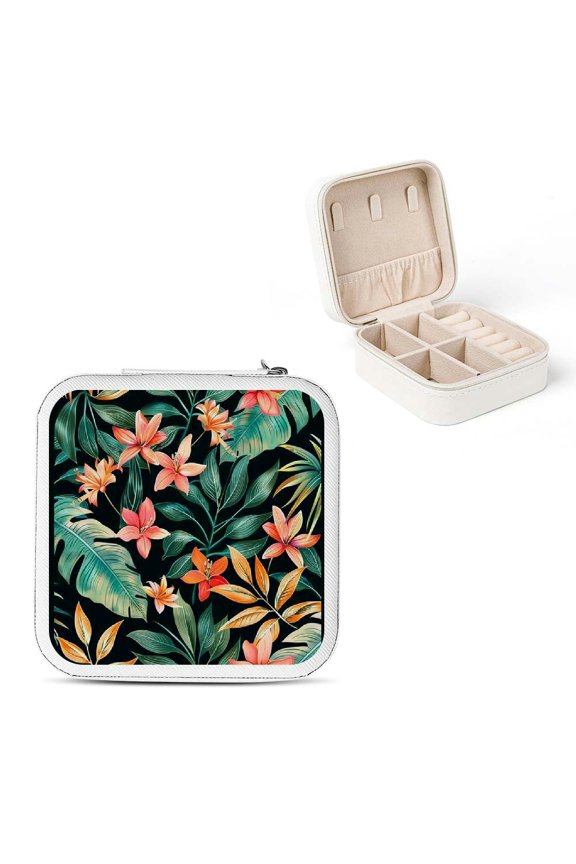 Flowers Leaves Jungle Mini Jewelry Travel Case Organizer for Necklace Ring Earring, Compact Size Jewelry Box with Zipper, Gift for Anniversaries, Portable Storage for Women White