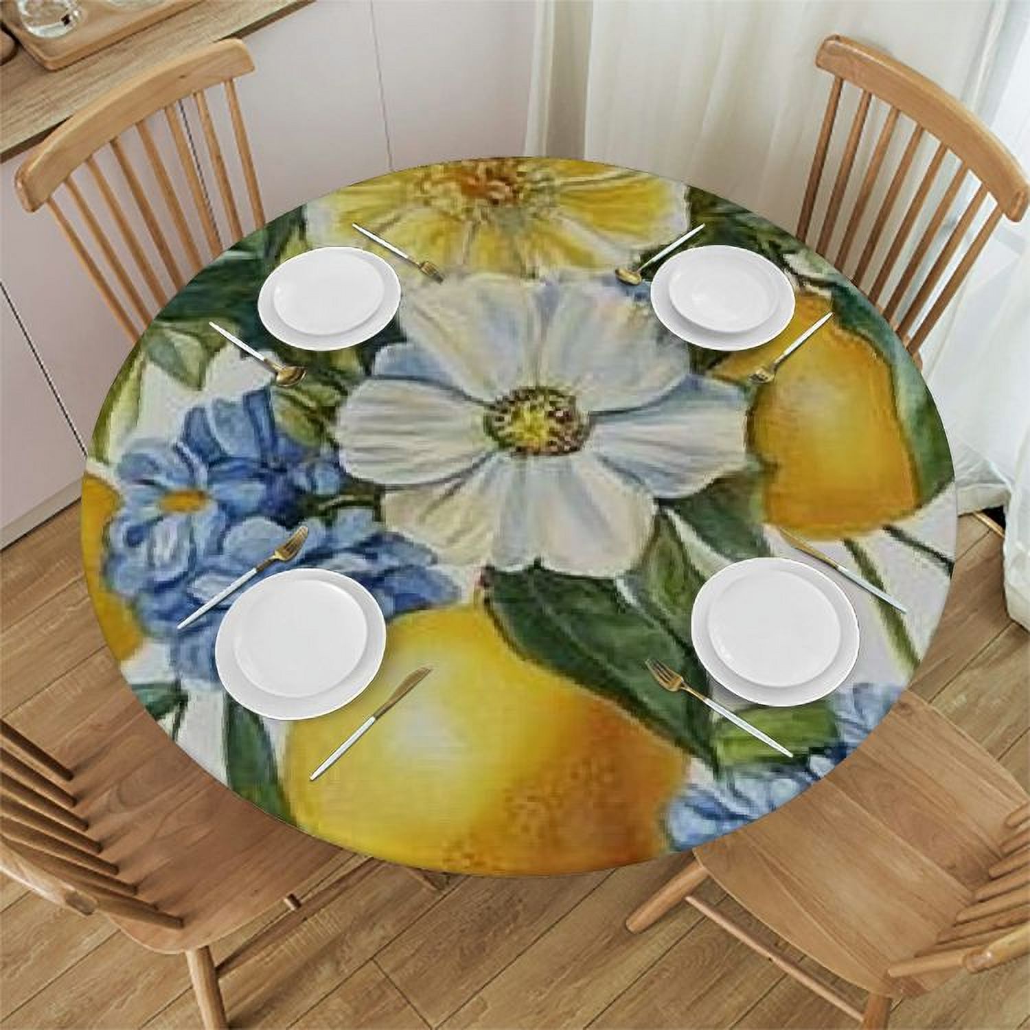 Autua Flowers Lemons Round Tablecloth StainResistant Washable 100
