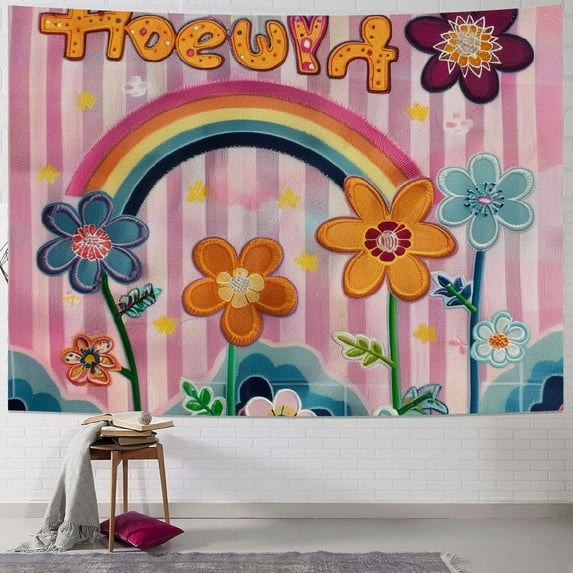 Autua Flowers Rainbow Kitsch Tapestry Wall Hanging Unique Style Graphic Tapestries for Home Decor Living Room Bedroom Dorm Apartment Farmhouse 50x40inch