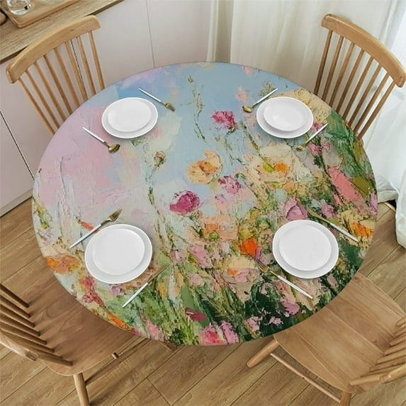 Autua Flowers Sky Painting Round Tablecloth Stain-Resistant 100% Polyester 38"-42
