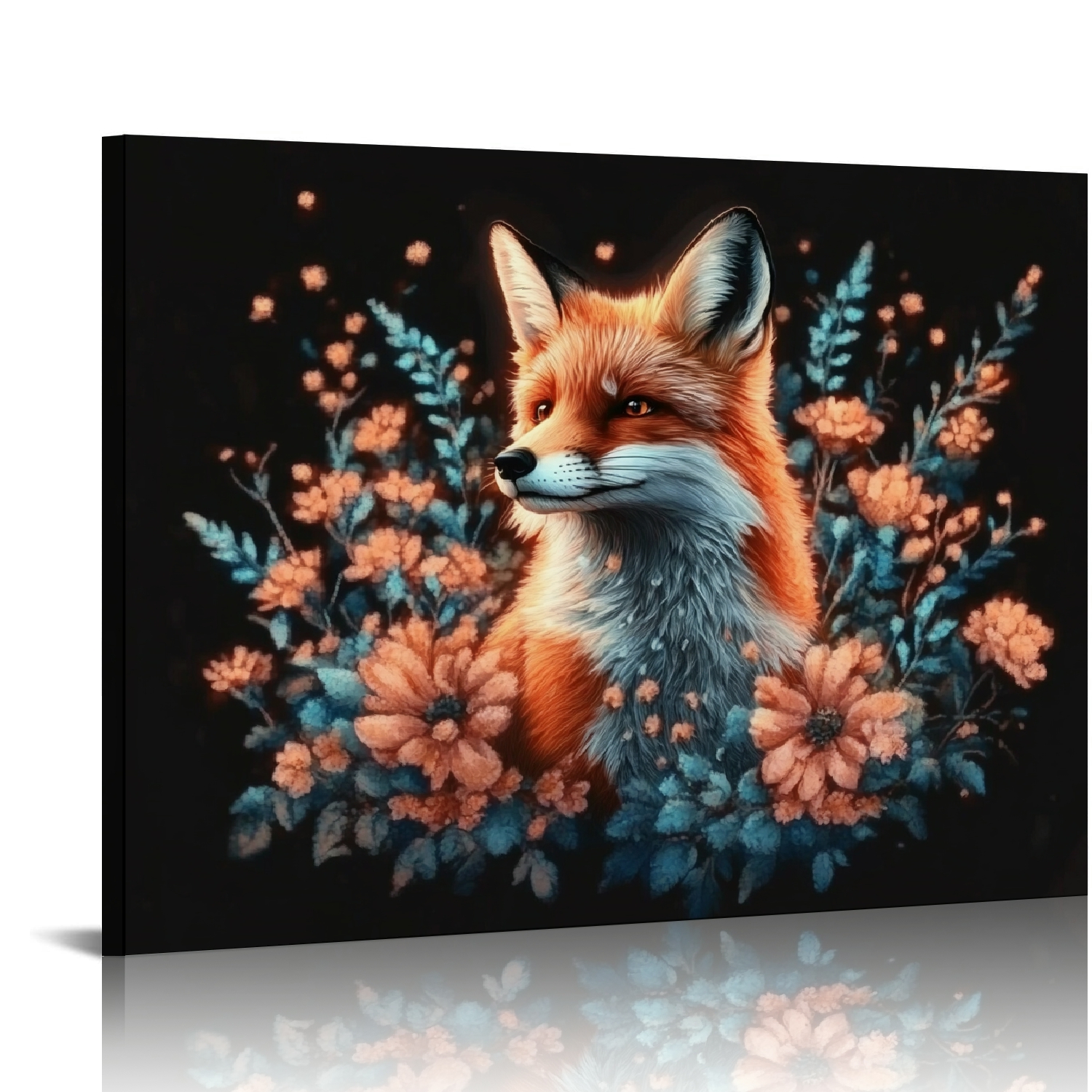 Autua Fox Flowers Digital Art Canvas Wall Decor For Home Office 16x12in ...