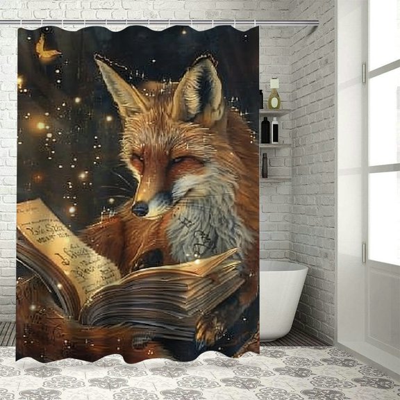 Autua Fox Reading Book Bathroom Shower Curtain Set Polyester Fiber Chic Modern Decor with Hooks 60"x72