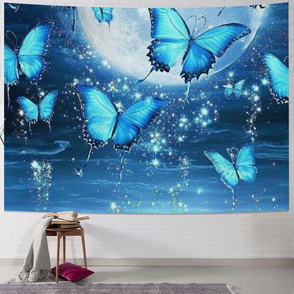 Autua Full Moon Ocean Tapestry Wall Hanging Psychedelic Blue Green Butterfly Tapestry Starry Sky Moon and Star Tapestry for Bedroom, Living Room, Dormitory, Home Decoration 40x30inch