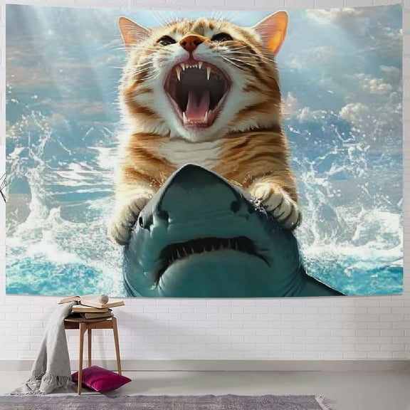 Autua Funny tapestries, funky cat riding shark wall rugs, blue ocean themed bedroom living room home décor tapestries 60x50inch