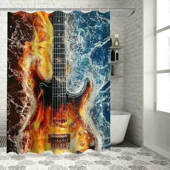 Autua Guitar Fire Water Shower Curtain Set with Hooks 100% Polyester 69"x72