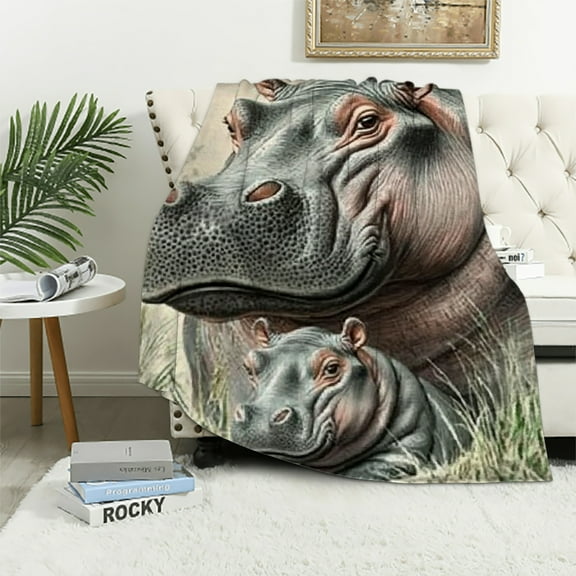 Autua Hand Drawn Hippo Flannel Throw Blanket, Soft Cozy Lightweight Animal Blankets Ideal for Couch, Bed, Travel, Outdoor &amp; Home Decor, Warm Fluffy Fuzzy Blanket for Adults Kids 40x50in