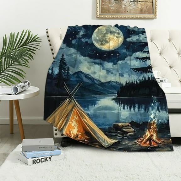 Autua Happy Camping Sherpa Blanket for Girls Boys Kids Bed,Starry Sky Camping Travel Rv Throw Blanket Adventure Camper Fleece Blanket Moon Bonfire Tent Plush Bed Blanket 40x50in