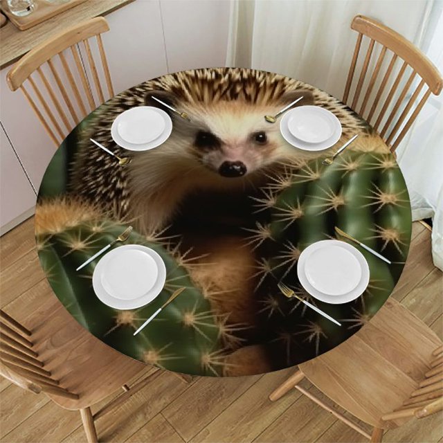 Autua Hedgehog Cactus Rocks Round Tablecloth Stain Resistant Washable