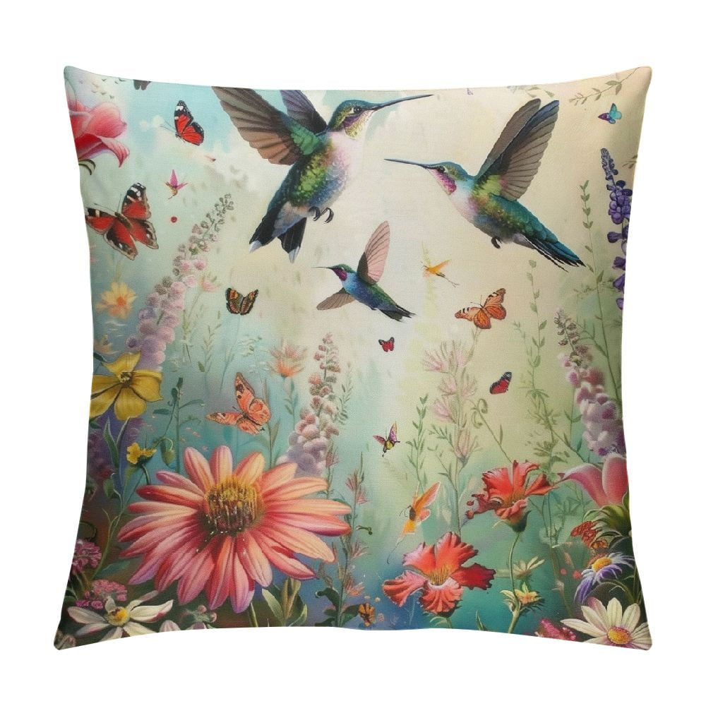 Autua Hummingbird Flowers Butterflies Decorative Throw Pillow Cover for