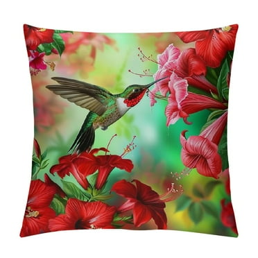 Autua Hummingbird Flowers Graphic Decorative Pillow Cover for Home Couch Sofa, Zipper Closure, Aesthetic Design, 1PC 12x12in
