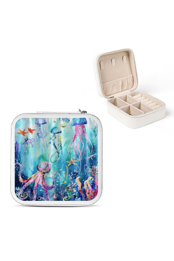Jellyfish Octopus Sea Life Travel Jewelry Box for Necklace, Ring, Earring - Compact Size, Versatile Organizer with Zipper - Bridesmaid Gift White