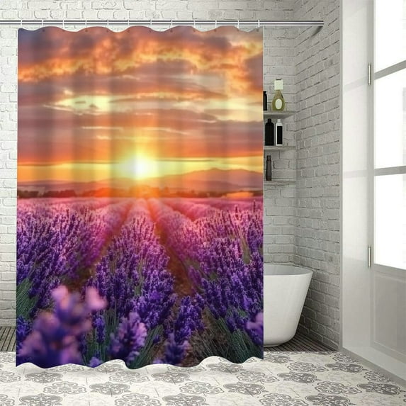 Autua Lavender Flowers Bathroom Décor Set with Hooks, Graphic Print Polyester Stylish Shower Curtain for Home Bathtubs Decoration, 100% Polyester Fabric 69"x72