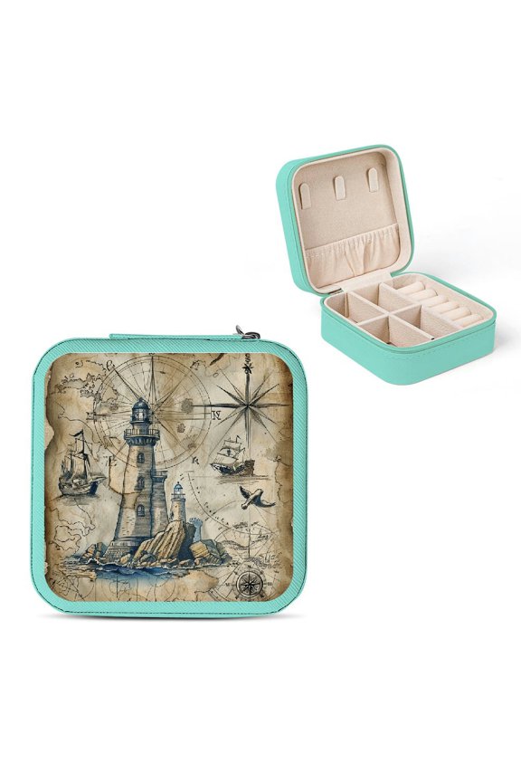 Lighthouse Boat Compass Mini Jewelry Travel Case Organizer with Zipper, Compact Storage Box for Necklace, Ring, Earring, Christmas Gifts Green