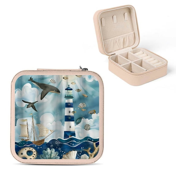 Autua Lighthouse Sea Animals Ship Jewelry Box for Women - Compact Travel Jewelry Organizer for Necklace, Ring, Earring Storage Pink