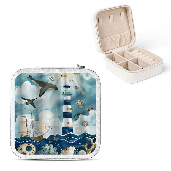 Autua Lighthouse Sea Animals Ship Jewelry Box for Women - Compact Travel Jewelry Organizer for Necklace, Ring, Earring Storage White