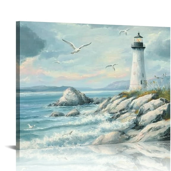 Autua Lighthouse Seagulls Rocky Shore Canvas Wall Art Home Decor 20x16in