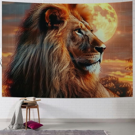 Autua Lion Full Moon Surrealism Tapestry Wall Hanging Unique Style Home Wall Decor Art for Living Room Bedroom Apartment Farmhouse Dorm 50x40inch
