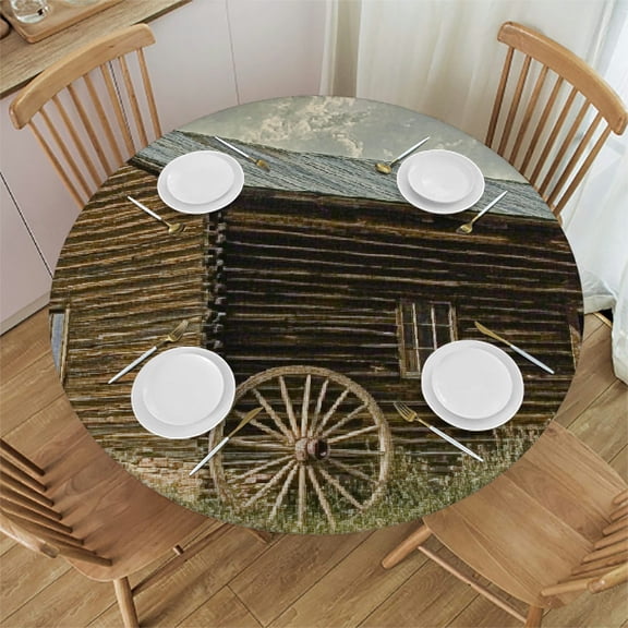Autua Log Cabin Wagon Sky Round Tablecloth - Stain-Resistant, Washable, Ideal for Indoor and Outdoor Restaurants, Weddings, Parties - Outdoor Fitted, Home Kitchen, Outdoor Decoration 42"-46