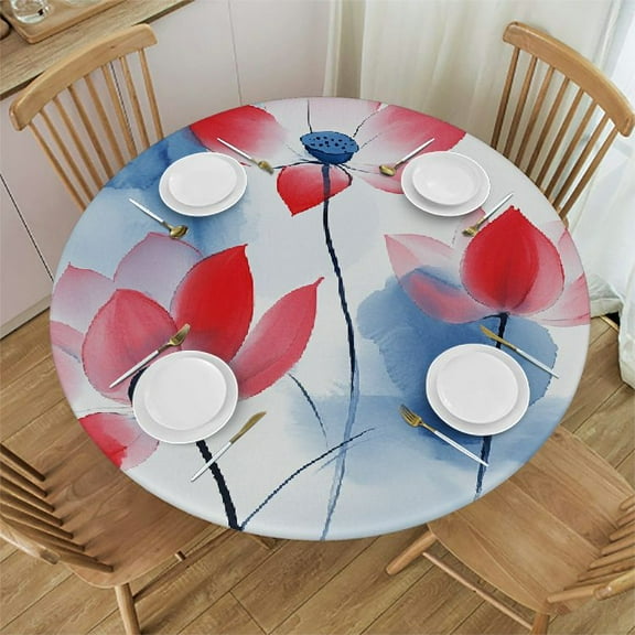 Autua Lotus Flowers Round Tablecloth Stain-Resistant and Washable Table Cover for Restaurants, Weddings, Parties - Full Width Single-Sided Printing 31"-35