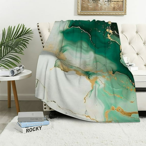 Autua Marble Gold Green Warm Lightweight Blanket Soft Fleece Throw Blanket Living Rooms Sofa Decor Cow Gifts All Seasons Plush Blankets 50x60in