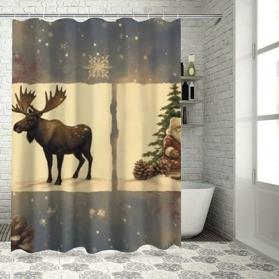 Autua Moose Pine Cones Bathroom Decor Set with Hooks, Graphic Print Polyester Stylish Shower Curtain Set, 100% Polyester Fabric, Christmas Theme Shower Curtain Set 60"x72