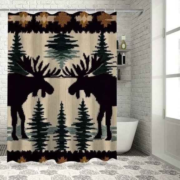 Autua Moose Trees Rug Pattern Bathroom Shower Curtain Set with Hooks, Premium Polyester Fabric Waterproof Shower Curtain for Bathroom Decoration 69"x72