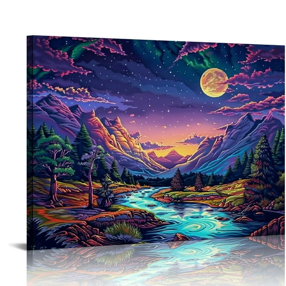 Autua Mountain Landscape River Full Moon Canvas Art Prints 20x16in