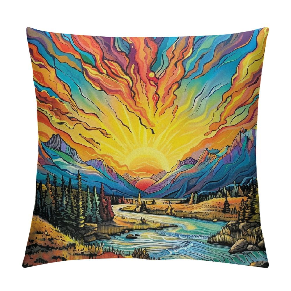 Autua Mountain River Sunset Graphic Decorative Cushion Throw Pillow