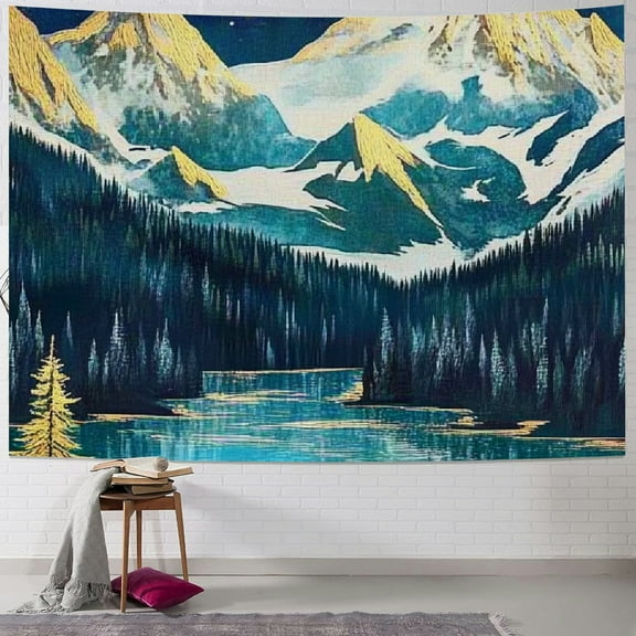 Autua Mountain and moon tapestry, natural forest, trees, lakes, landscape tapestries, starry night, blue-green home bedroom wall decorations 40x60inch