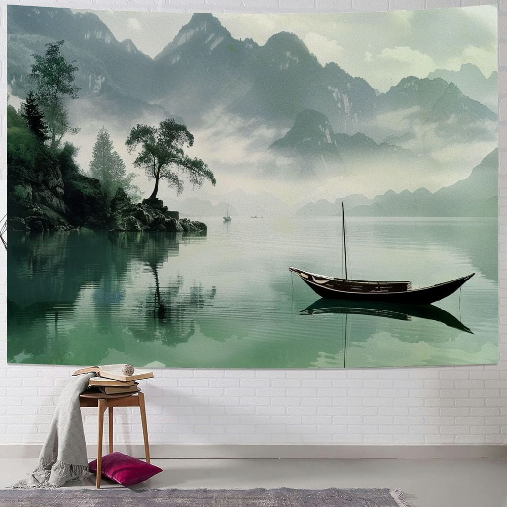 Autua Mountains Lake Boat Tapestry Wall Hanging Unique Style Graphic