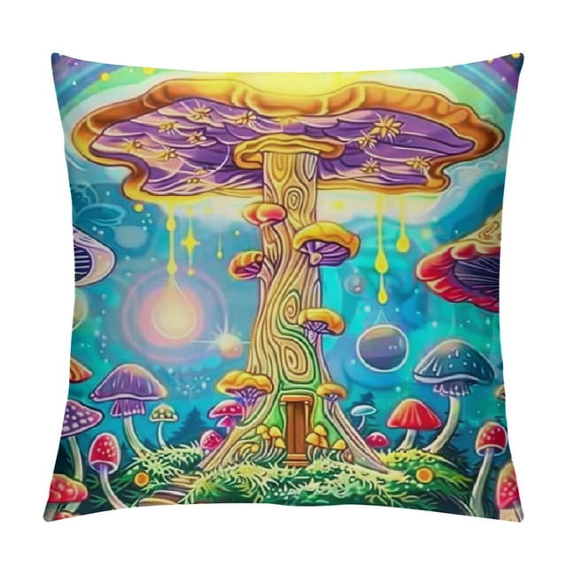 Autua Mushrooms Rainbow Sky Sun Graphic Decorative Cushion Throw Pillow