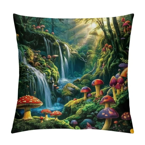 Autua Mushrooms Waterfall Graphic Decorative Throw Pillow Cover for Home Couch Living Room Bed Sofa - Pack of 1 12x12in