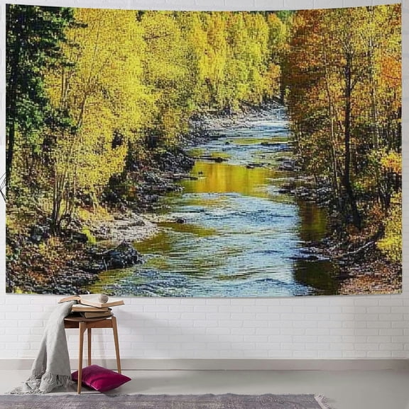 Autua Nature Mountain Forest Tapestry, Scenic Green Pine Tree Waterfall Landscape Wall Hanging Tapestries for Home Office Dorm Indoor and Outdoor Decoration 60x50inch