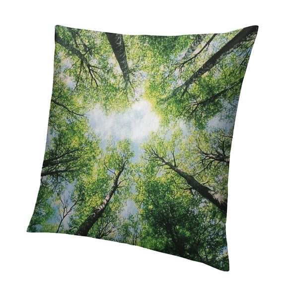 Autua Nature Throw Pillow Cushion Cover, Sun Rays Through Tree Tops in The Forest Foliage Upward Sky Woodland View, Decorative Square Accent Pillow Case, Fern Green 18x18in