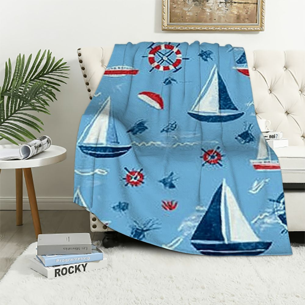 Autua Nautical Sailing Boat Throw Blanket Cartoon Anchor Rudder