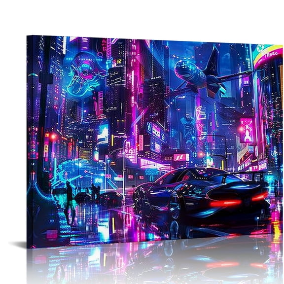 Autua Neon Lights Futuristic City Cyberpunk Art Canvas Wall Decor 20x16in
