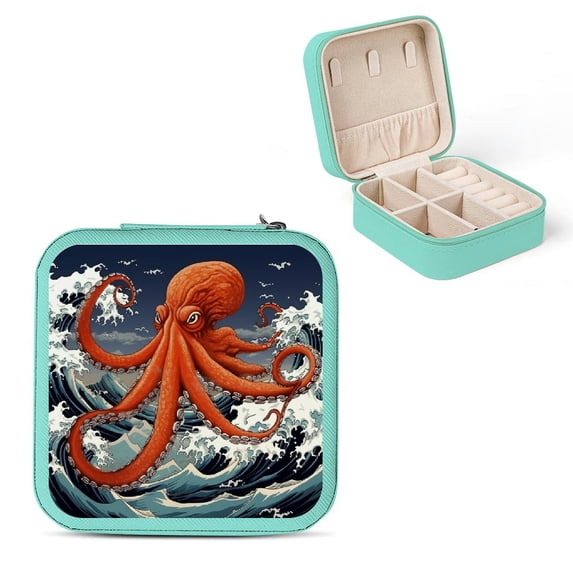 Autua Octopus Ocean Waves Digital Art Travel Jewelry Box for Women Necklace, Ring, Earring - Small Jewelry Organizer Case with Zipper Closure Green