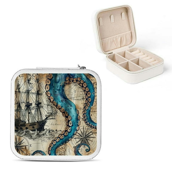 Autua Octopus Ship Compass Mini Jewelry Travel Case Organizer Box for Necklace Ring Earring, Friendship Day Gifts White